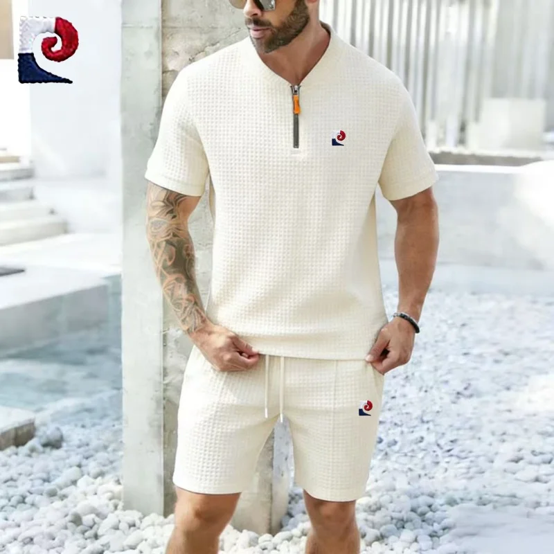 

New men's high-quality V-neck polo shirt with casual shorts, summer fashion sports two-piece set
