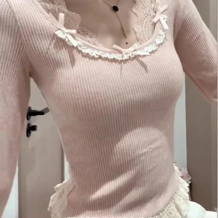 New Women's Lace Slim Fit Long Sleeve Top Butterfly Knot Base Layer Inner Wear Small Shirt Spring Autumn New Style