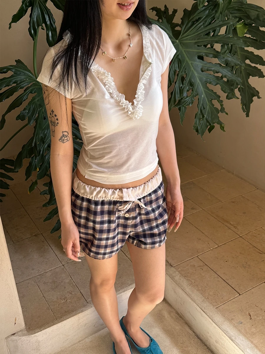 

Женская приталенная футболка Frommtof с коротким рукавом, летняя, универсальная, с небольшим V-образным вырезом, укороченная, модная, облегающая.