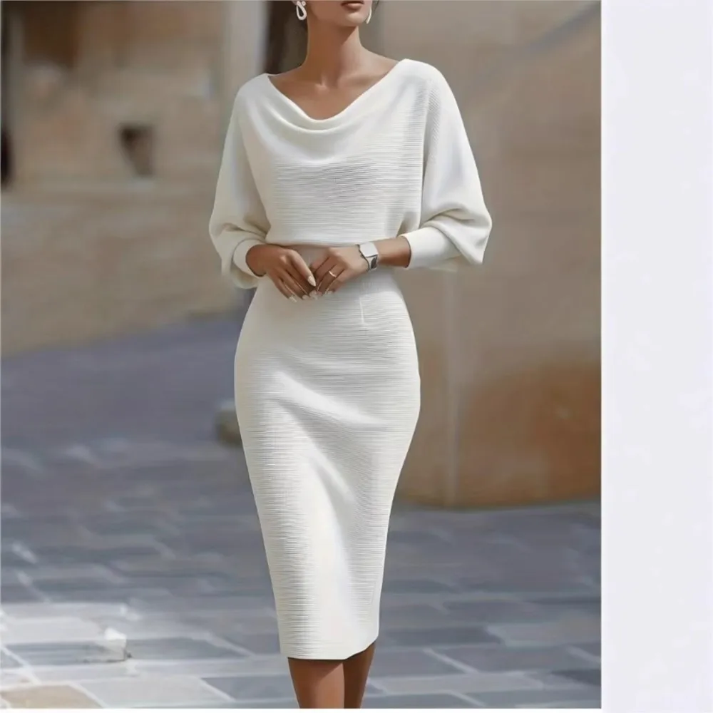 

Solid Color Boat Neck Dress Women's New Spring Elegant Commuting Mid-Length Three-quarter Sleeve Dress Party Dresses Vestidos