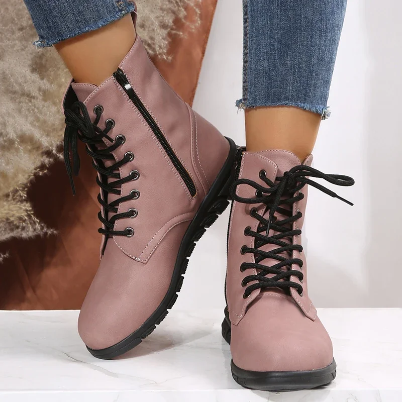 2024  Low Heels Ankle Boots Women Plus Size Side Zipper Short Booties Woman New Autumn Winter Lace Up Shoes Female 43