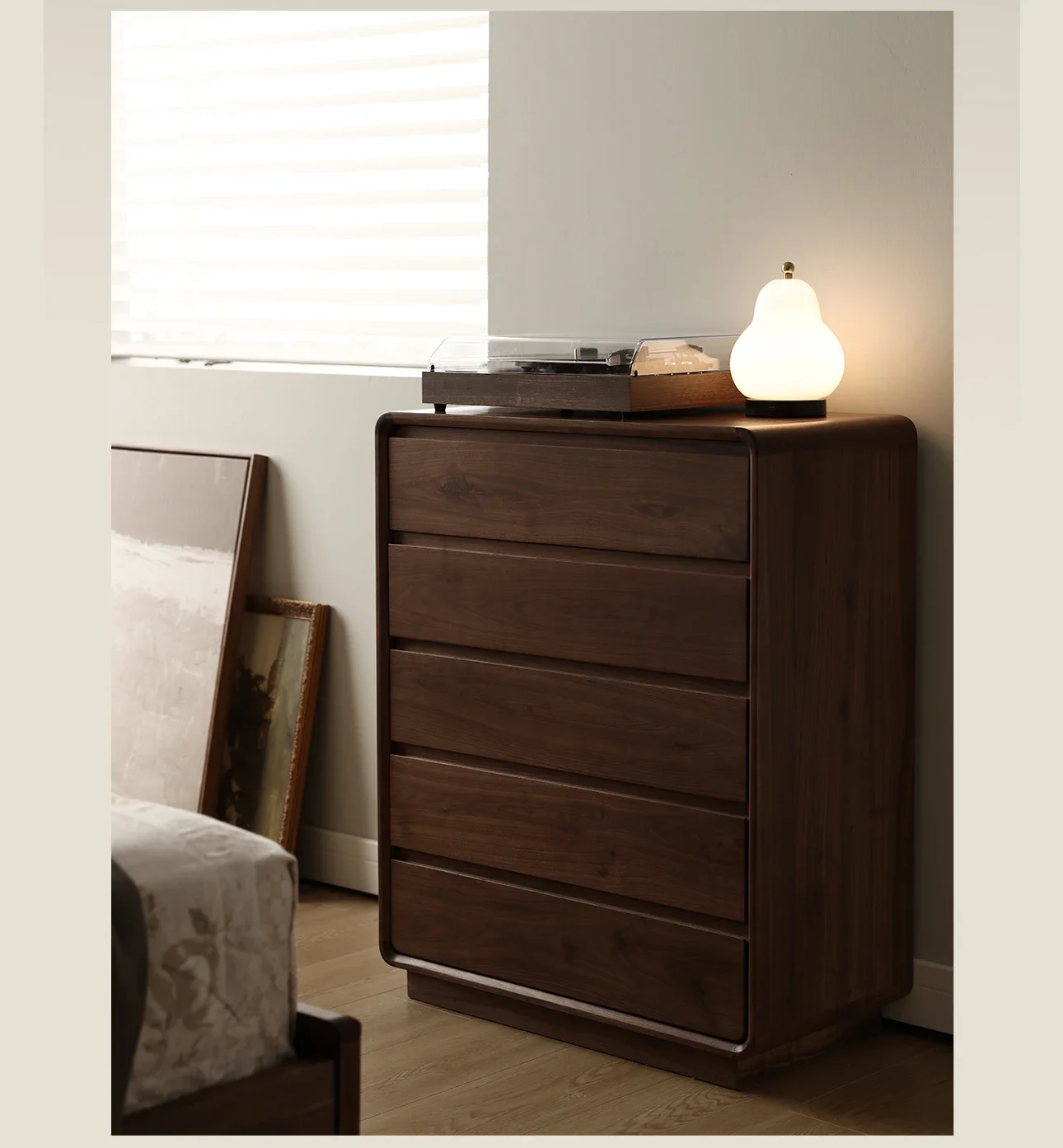 

Nordic Simple Solid Wood Black Walnut Five-Drawer Wooden Chest of Drawers Storage Organizer Side Cabinet