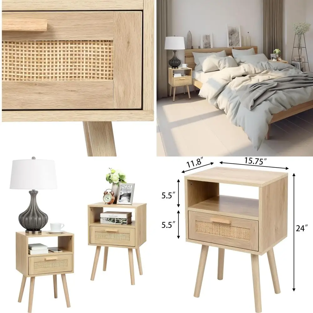 

Пара тумбочек из натурального ротанга с деревянными ящиками для хранения вещей для спальни