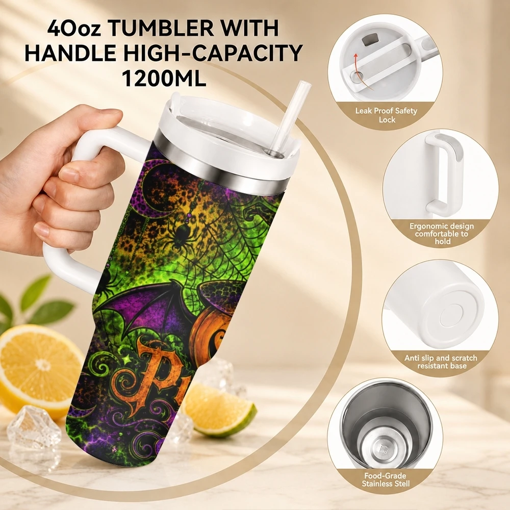 Witch Pumpkin Vacuum Flasks 40oz Stainless Steel Travel Tumbler with Handle Straw Lid Double Wall Vacuum Insulated