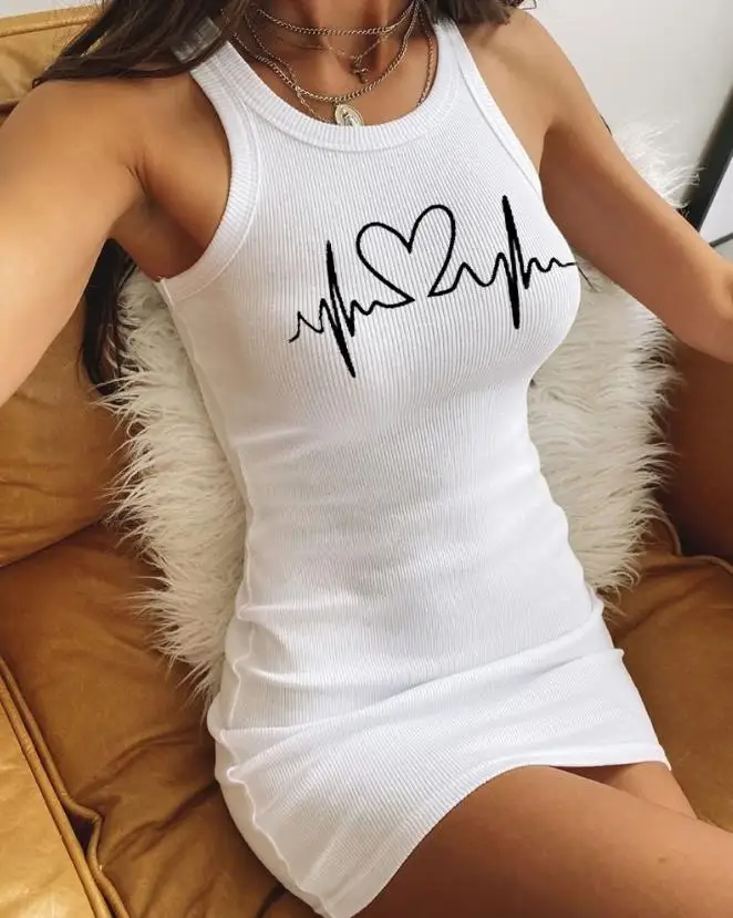 

Women Dress 2024 Spring Summer Latest Round Neck Valentine's Day Heart Print Ribbed Sleeveless Tank Dress Solid Mini Dress Short