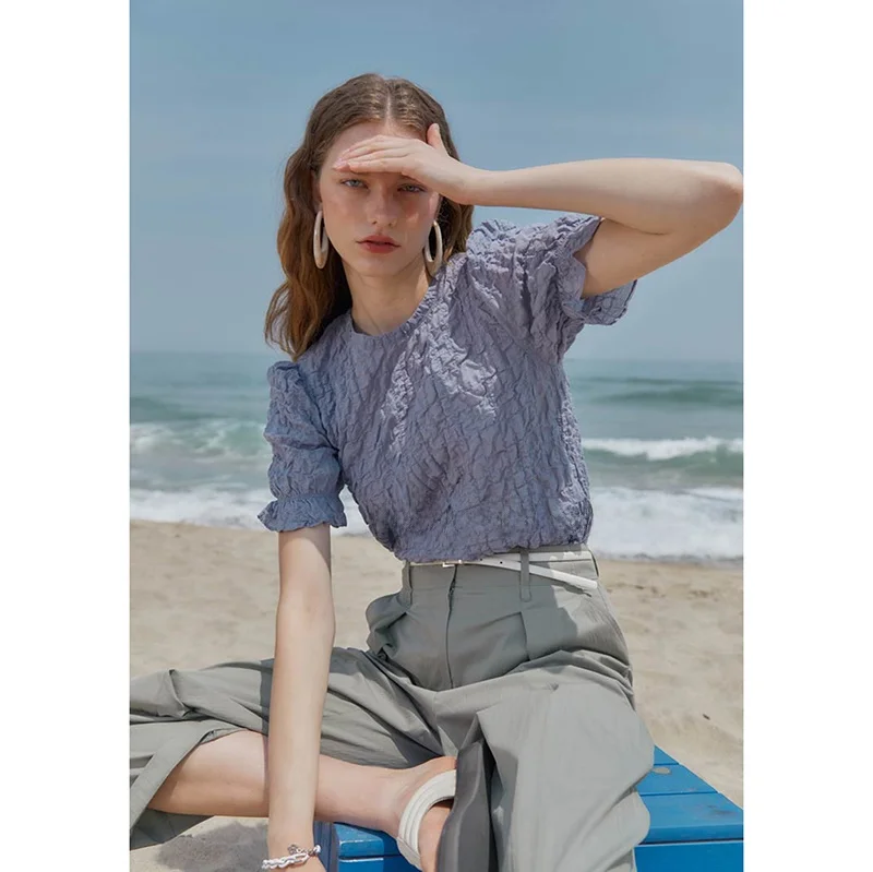

Slimming Elastic ort Sve round Ne irt Pleated Asymmetrical Commute Friendly Versatile Korean Sle Bubble Sve Blouse