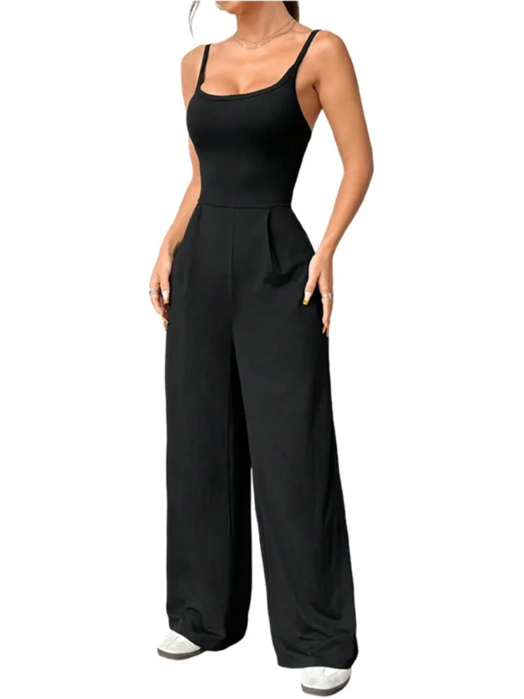 

Casual Jumpsuit Jumpsuits For Woman Sling Women's Clothing Solid Color Backless Sleeveless Loose Wide Legs Trouser Simple Style