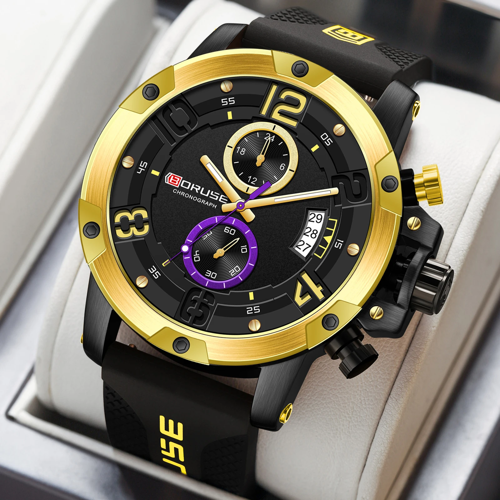 

2 шт./компл. BORUSE модные мужские часы с хронографом мужские силиконовые часы с датой ожерелье кварцевые наручные часы набор-идеальные праздничные подарки