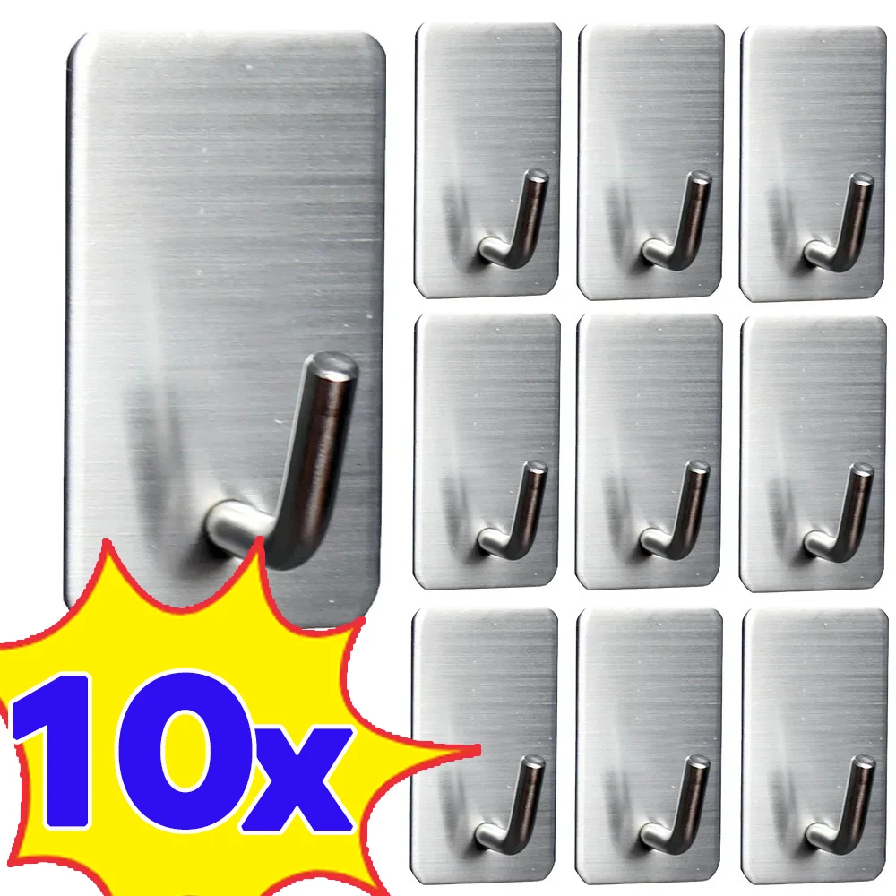 1-10Pcs Self Adhesive Hook Stainless Steel Heavy Wall Hanger Hook Bathroom Organizer Towel Rack Multi-purpose Kitchen Rack Shelf