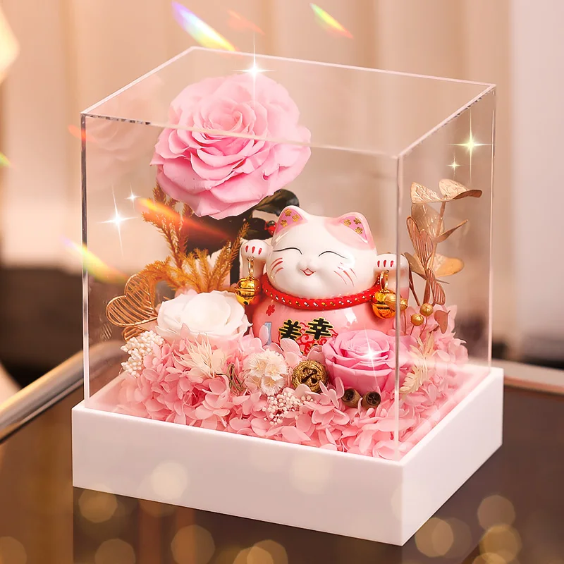 New Year decoration Fortune cat New Year gift Eternal rose fortune cat table feng shui decoration gift