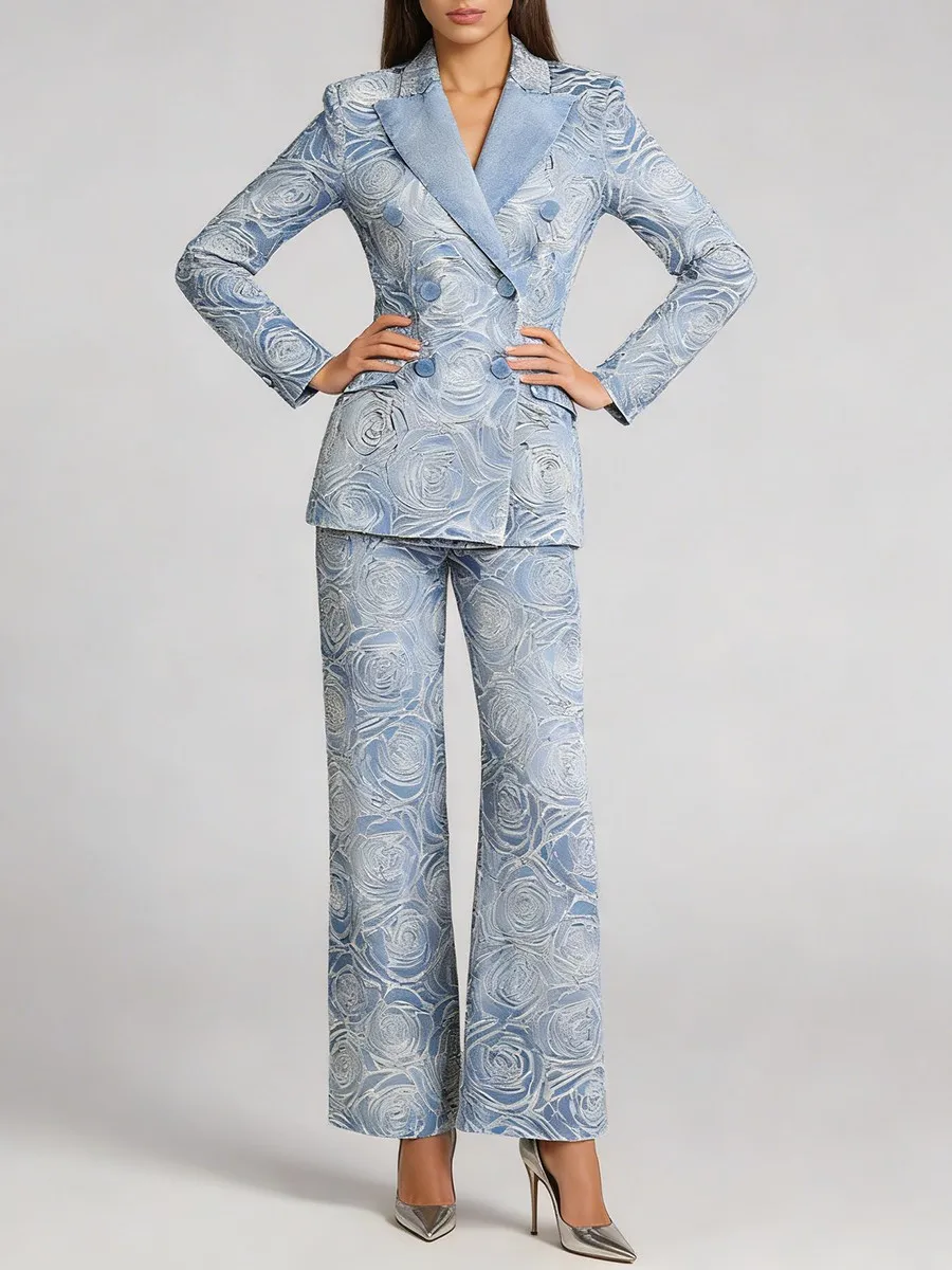 TWOTWINSTYLE Solid Sheer Spliced Printing Two Piece Set for Women Lapel Long Sleeves Blazer High Waist Pant Cowboy Sets Female
