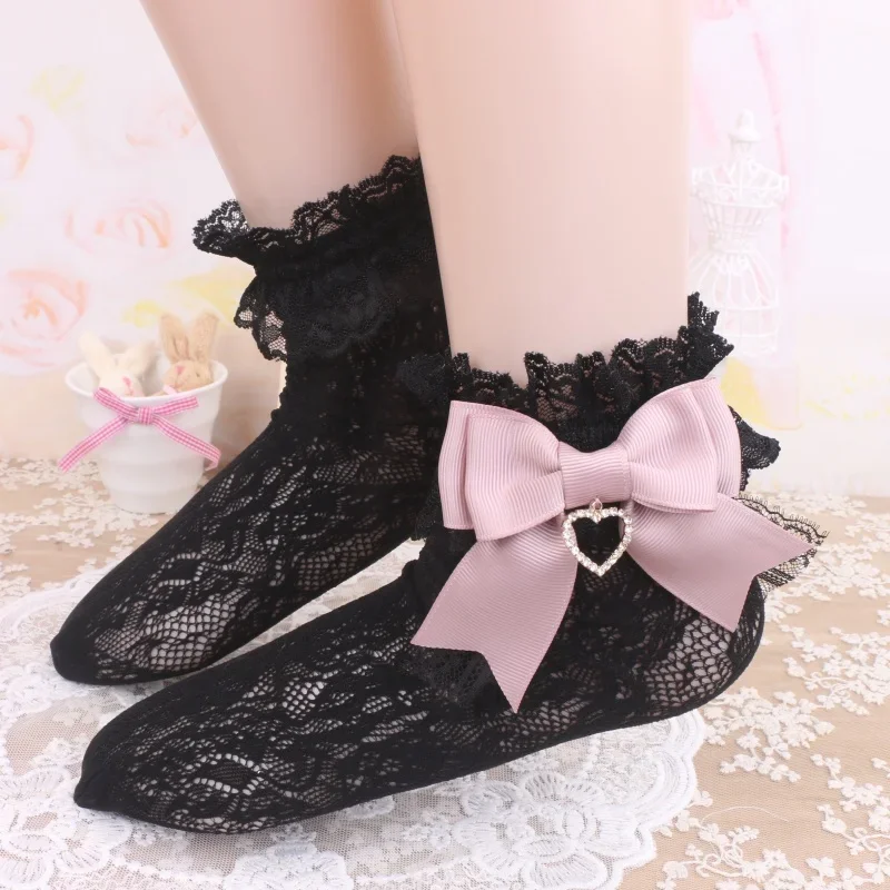 Handmade Japanese Mine Sweet Cute Cotton Socks Spring Summer Girls Female Bow Rhinestone Heart Shape Lace Short Socks Women