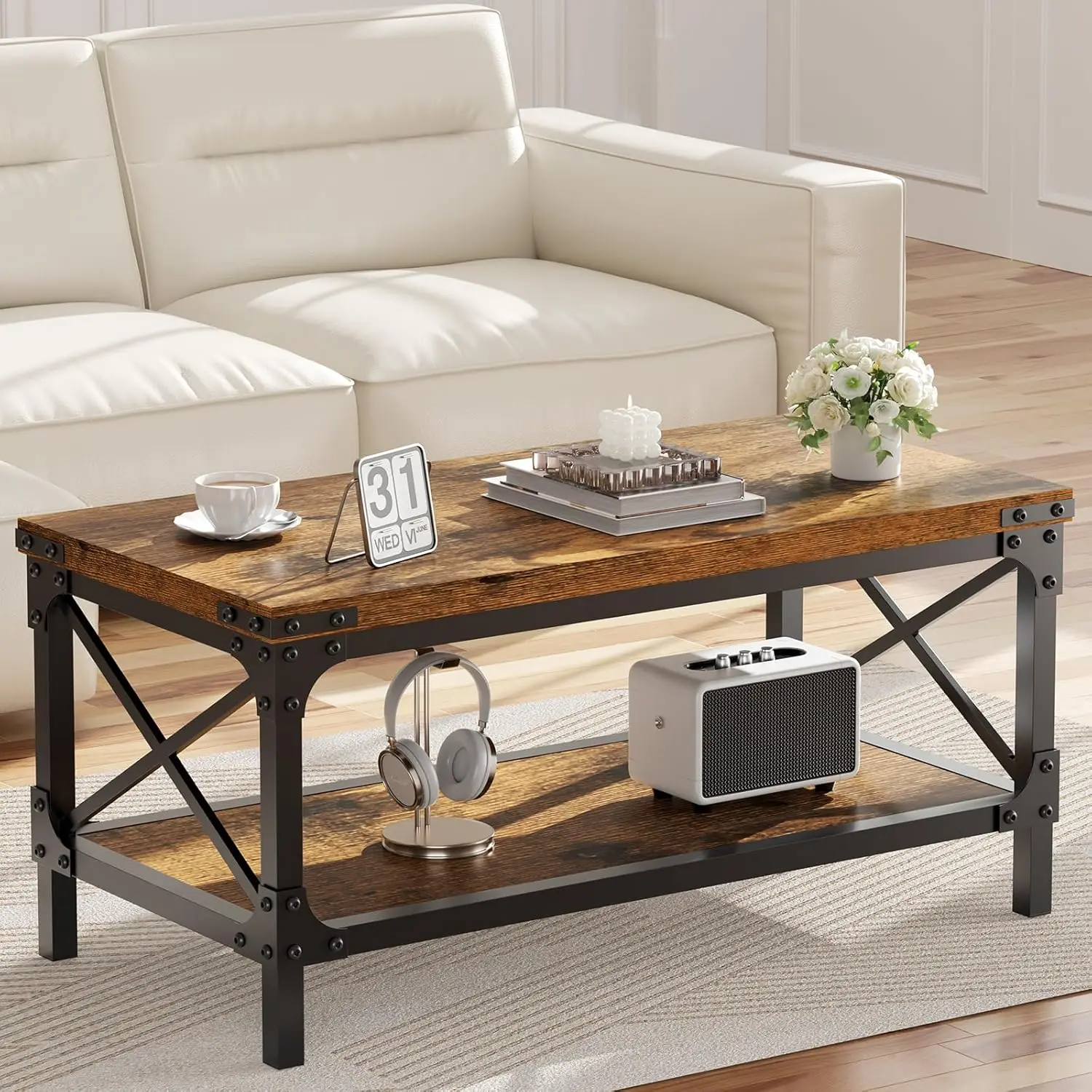 

Coffee Tables for Living Room, Wood Rectangular Coffee Table, 2 Tier Industrial Modern Center Table with Thickened Tabletop