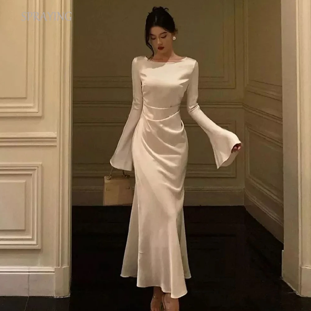 

SPRAYING Elegant Evening Dresses Scoop Collar Long Flare Sleeves Party Gown Sheath Ankle-Length 이브닝 파티 드레스 Simple