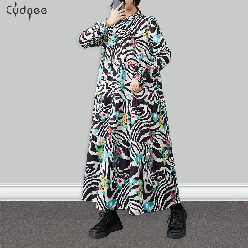 Tiered Fashionable Shirt Dress Terraced Fields Printed Stylish Apparel Trendy Casual Black T-Shirt Dress For Women