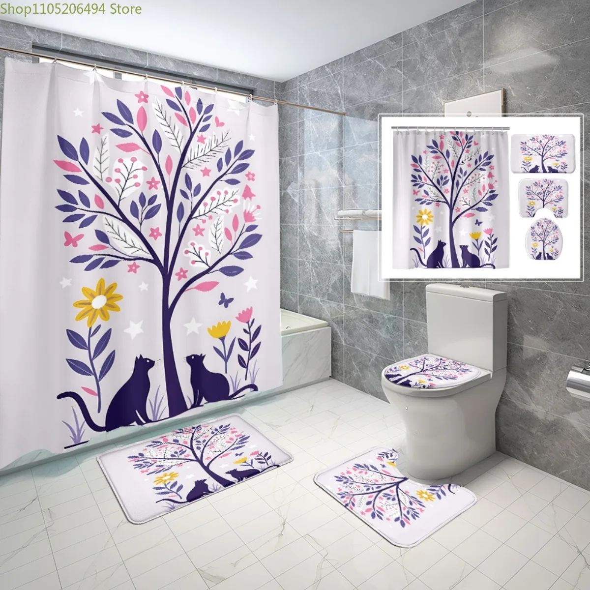 

1/4pcs Cat Silhouettes And Plant Pattern Shower Curtain Set | Includes Shower Curtain with 6/12 Hooks, Non-Slip Bath, U-Shape,