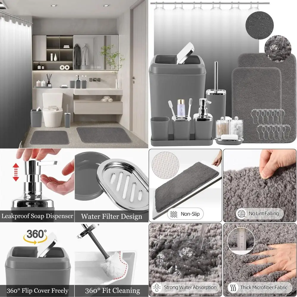 

Elegant Grey Bathroom Accessory Set with Shower Curtain, Rugs, and Essential Organizers