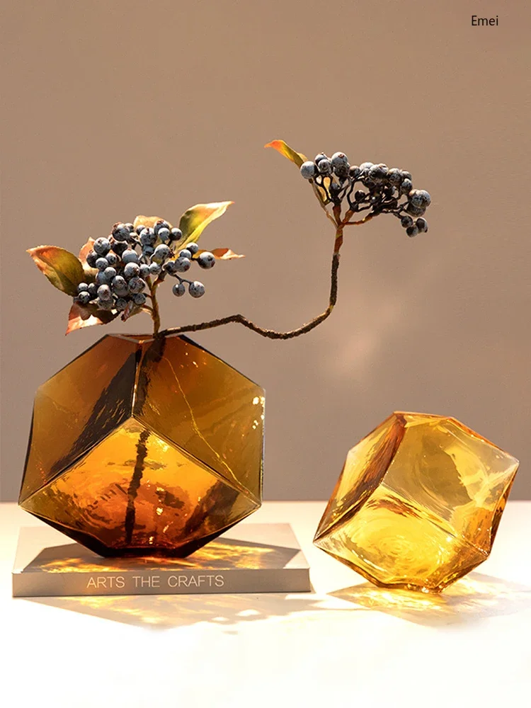 Thick Amber Vase Handmade Art Colored Flower Arrangement Glass Vase Creative Simple Retro Square