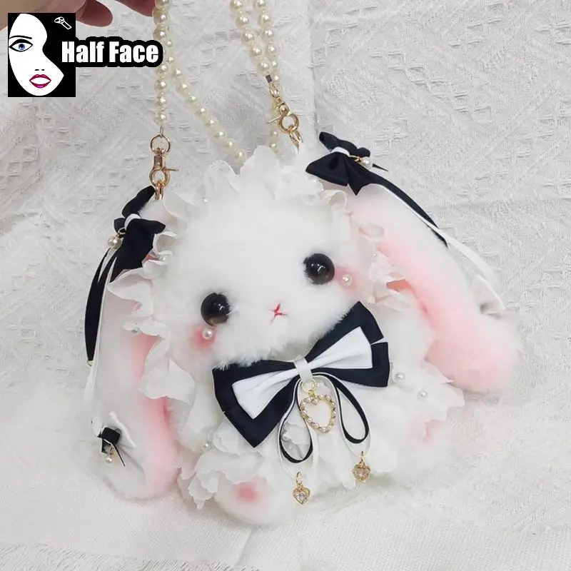 Y2K Girls Harajuku Gothic Women’s  One Shoulder Lolita macaron Rabbit Furry Pearl Chain Small Large Capacity Crossbody Bags Tote