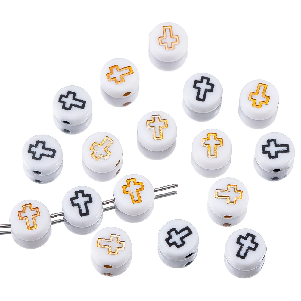 50/100 Pz 7mm Croce Stampato Acrilico Rotondo Perline Piatte Branelli Allentati Del Distanziatore Per Gioielli FAI DA TE Che Fanno Accessori Braccialetto All'ingrosso