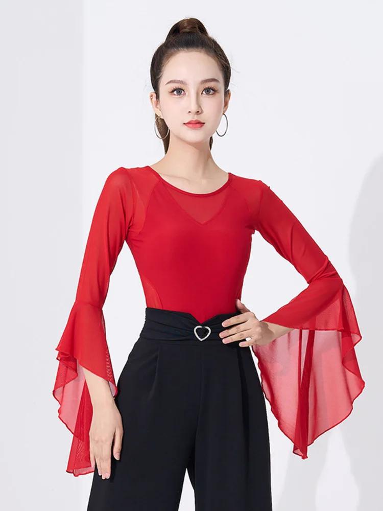 Solid Color Latin Dance Practice Modern Tops Ballroom Girl Jazz Mesh Competition Costume Line Women Classical Rompers 2024 New