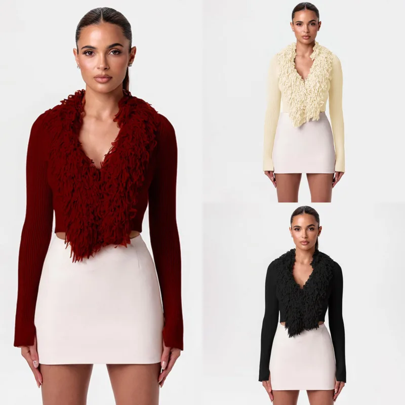 

Luxurious Sweater Coat Stylish V-Neck Faux Fur Cardigan Elegant Solid-Color Single-Breasted Women's Top Autumn/Winter Short Top