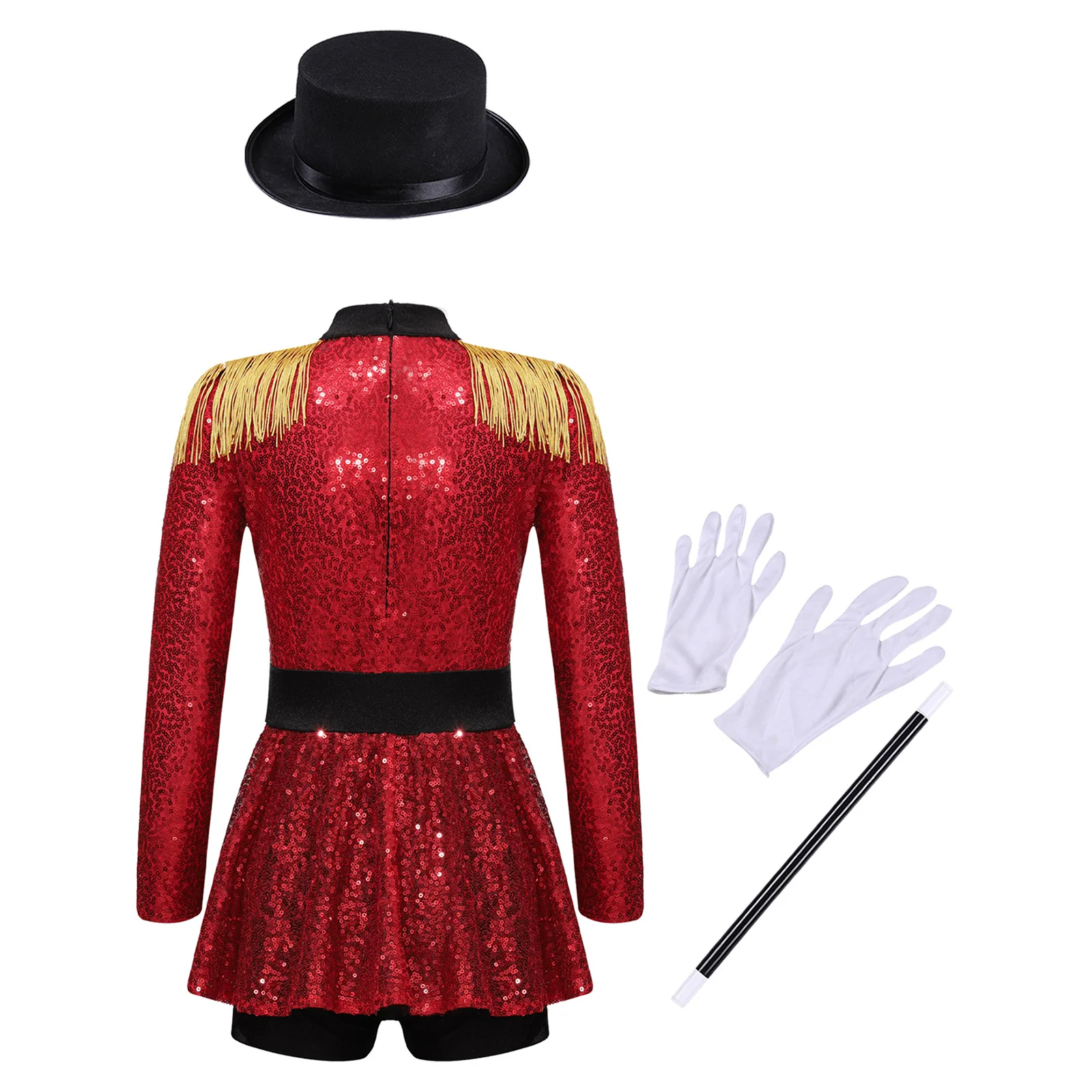 Kids Girls Shiny Sequins Circus Ringmaster Costume Outfit Long Sleeve Tassel Shoulder Bodysuit Jumpsuit with Hat Fancy Clothes