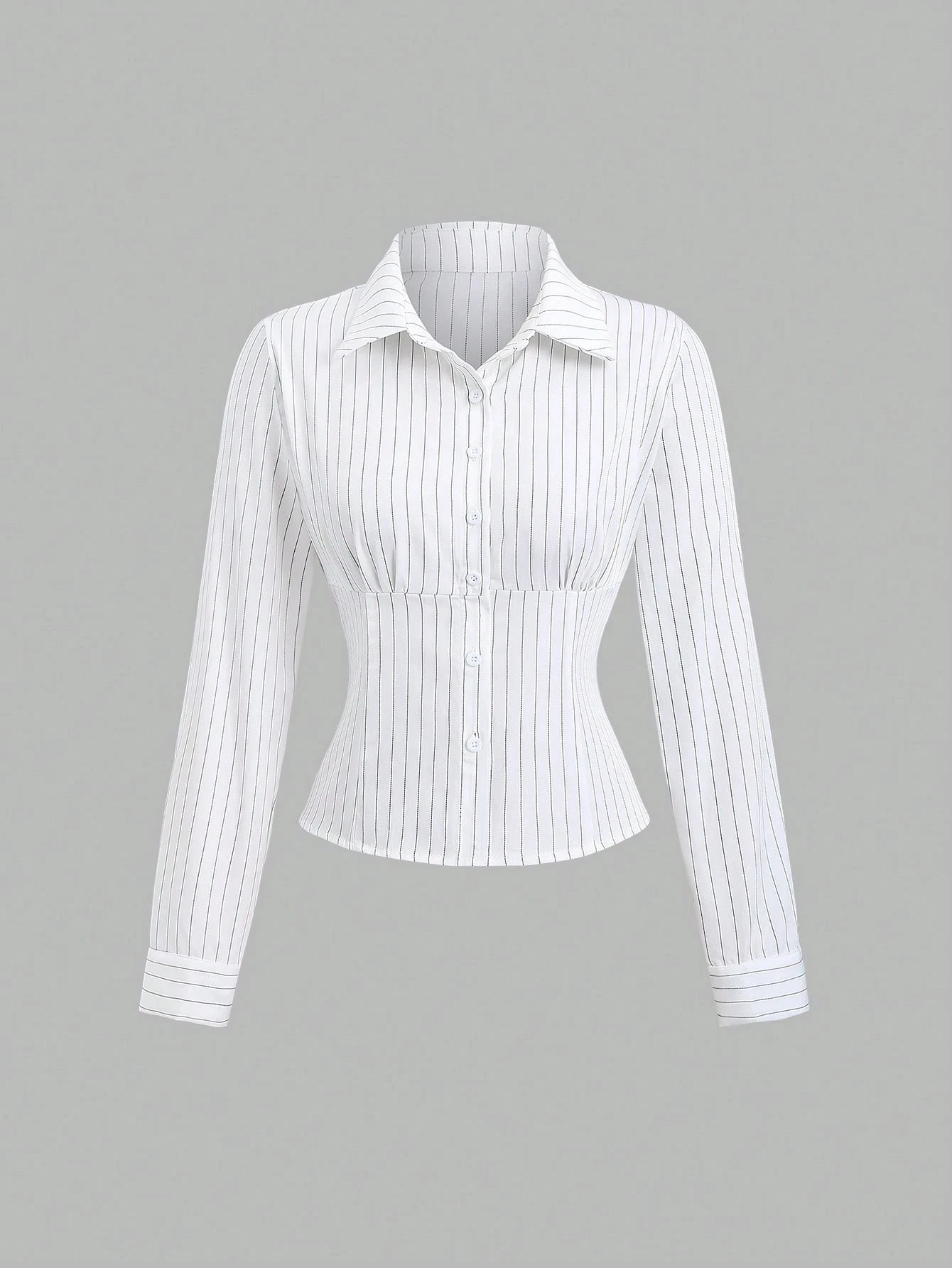 Women's Elegant Textured Button Fitted Waist Striped Long Sleeve Shirt Black Lady Office Single-breasted Crop Shirt Spring/Fall 58 S28815de70c5141789843bf7e9727b5ae9