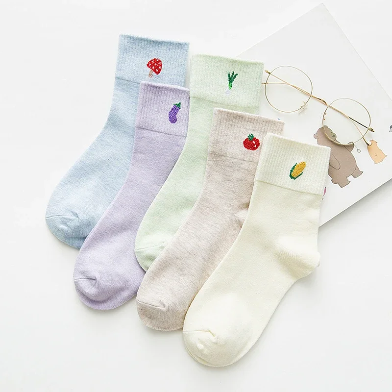 Premium Cotton Socks for Cute Women with Fruit and Vegetable Patterns, Mushroom Eggplant Green Onion Tomato Corn Sokken