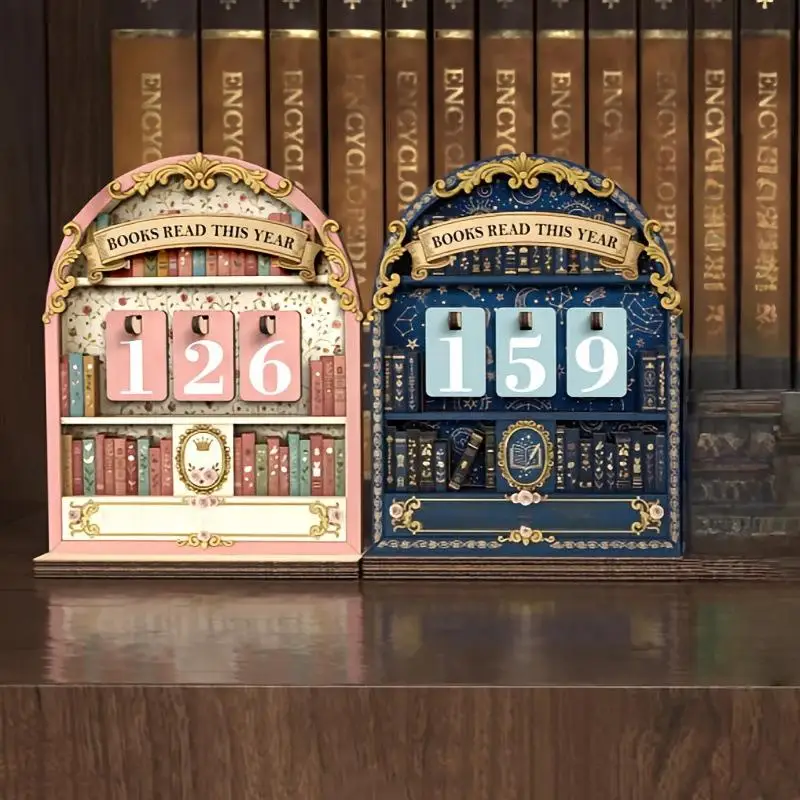 Hot Sale 1 Set Classroom Decor Wooden Book Read This Year Counter Tracker Up To 999 Books Challenge Tracker Retro Bookshelf Gift view 3
