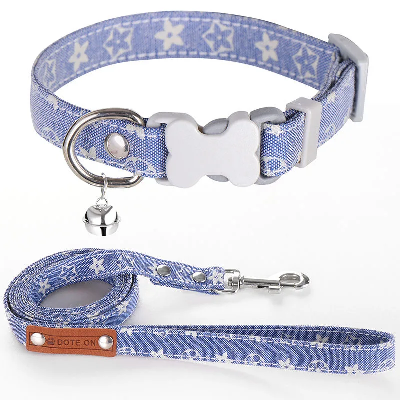 Fashion Pet Denim Traction Rope Triangle Scarf Neck Protection Small Dog Silver Gradual Collar Chest Strap Adjustable Tank Set