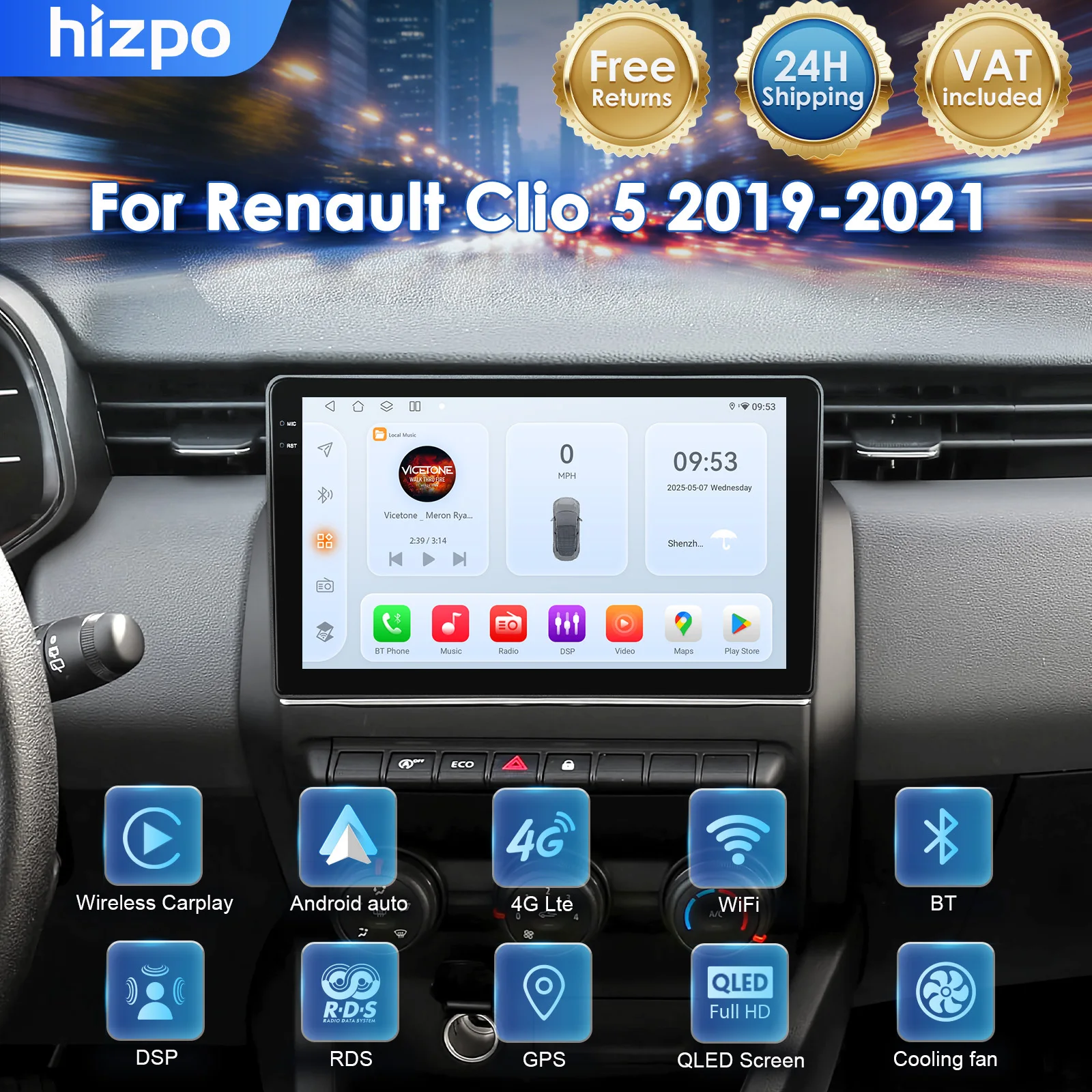 Hizpo 2 Din Carplay Android Auto Autoradio per Renault Clio 5 2019 - 2021 Lettore multimediale video MP5 con BT FM Stereo Navigazione GPS 2din Autoradio
