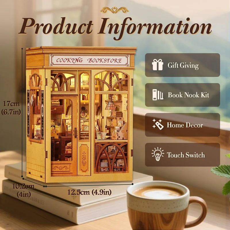 CUTEBEE DIY Book Nook Kit Cozy Bookshop 3D Wooden Model Cooking Bookstore Easy Assembly Birthday Gift for Adults Teens
