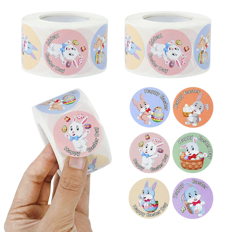 500pcs/roll Circular Easter Stickers Happy Easter Day Cartoon Rabbit Dessert Bag Sealing Stickers DIY Gifts Decoration Label