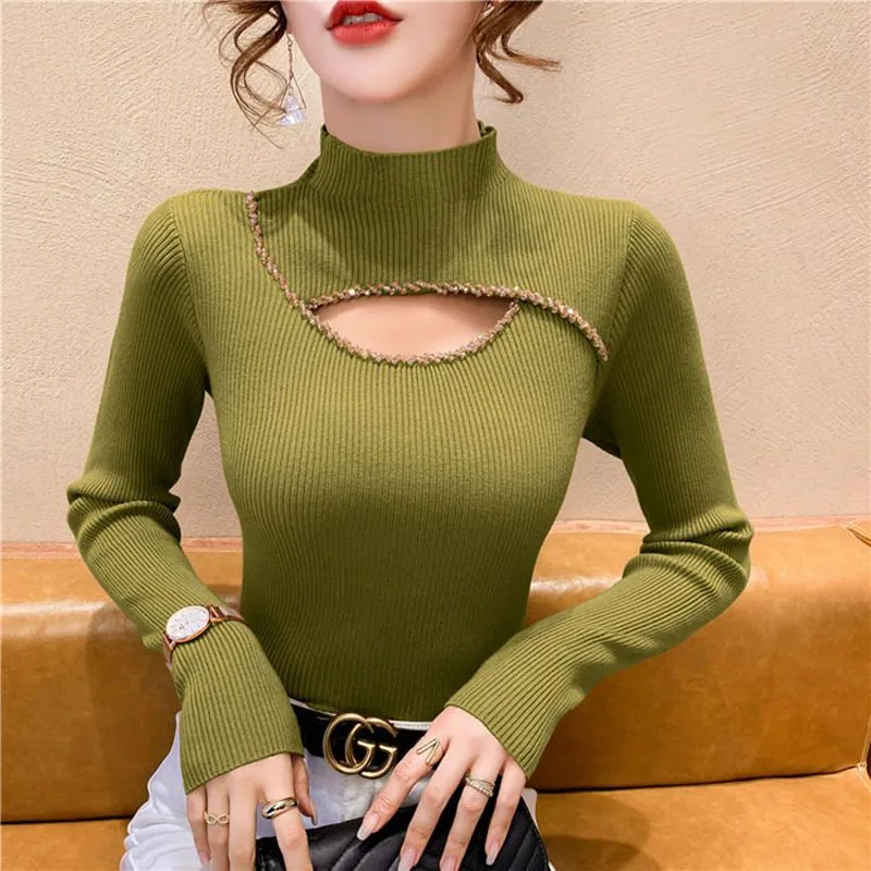 Fashion Half High Collar High-quality Nail Bead Bottoming Knitting Hollow Out Crystal Metal Decorate Pullovers Women Slim Top