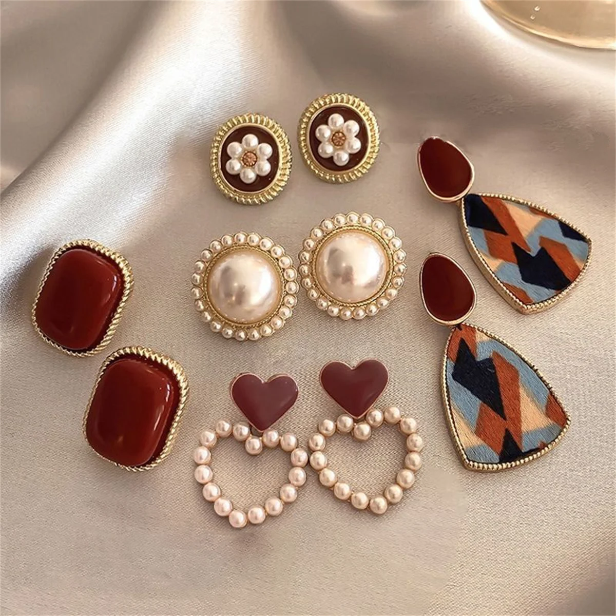 Fashion Vintage Red Enamel Geometric Irregular Oval Heart Drop Earrings For Women Imitation Pearl Flower Round Earrings Jewelry