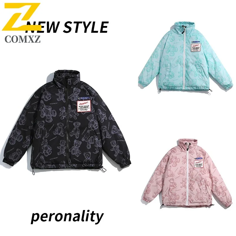 COMXZ Men Puffer Jacket Fashion Bear Printing Ski Street Windproof Warm Travel Cotton-Padded Jacket Casual Snow Bread Jackets