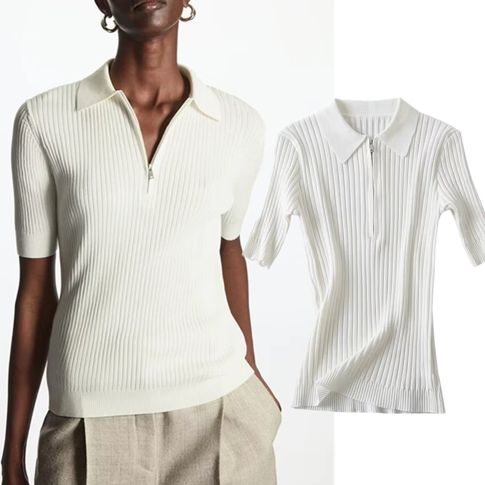 

Jenny&Dave Summer British Polo Collar T-shirt Zipper Fashion Office Ladies Ribbed Slim Tops Women