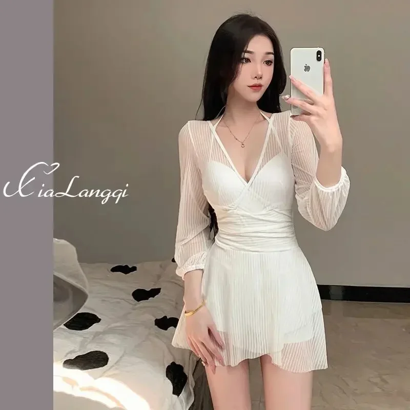 2025 New Korean Two Piece Swimwear Dress Trummy Control Swimsuit Long Sleeve Bathing Suit Sexy Monokini Swim Pool Beachwear