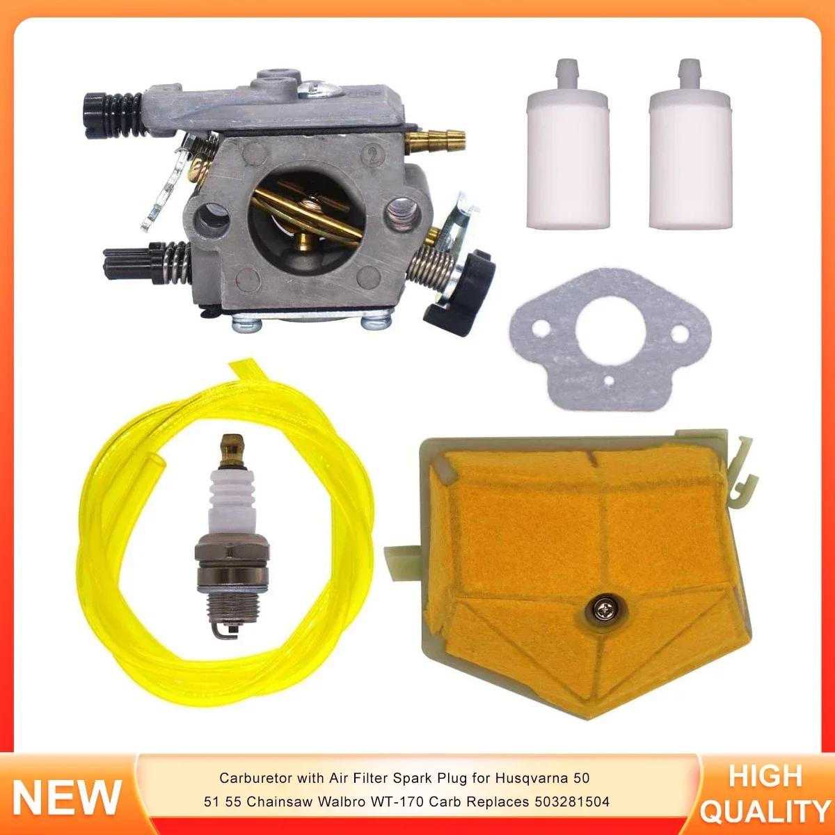 

Walbro WT-170 Carburetor with Air Filter & Spark Plug – Compatible with Husqvarna 50, 51, 55 Chainsaw – Replaces OEM 503281504