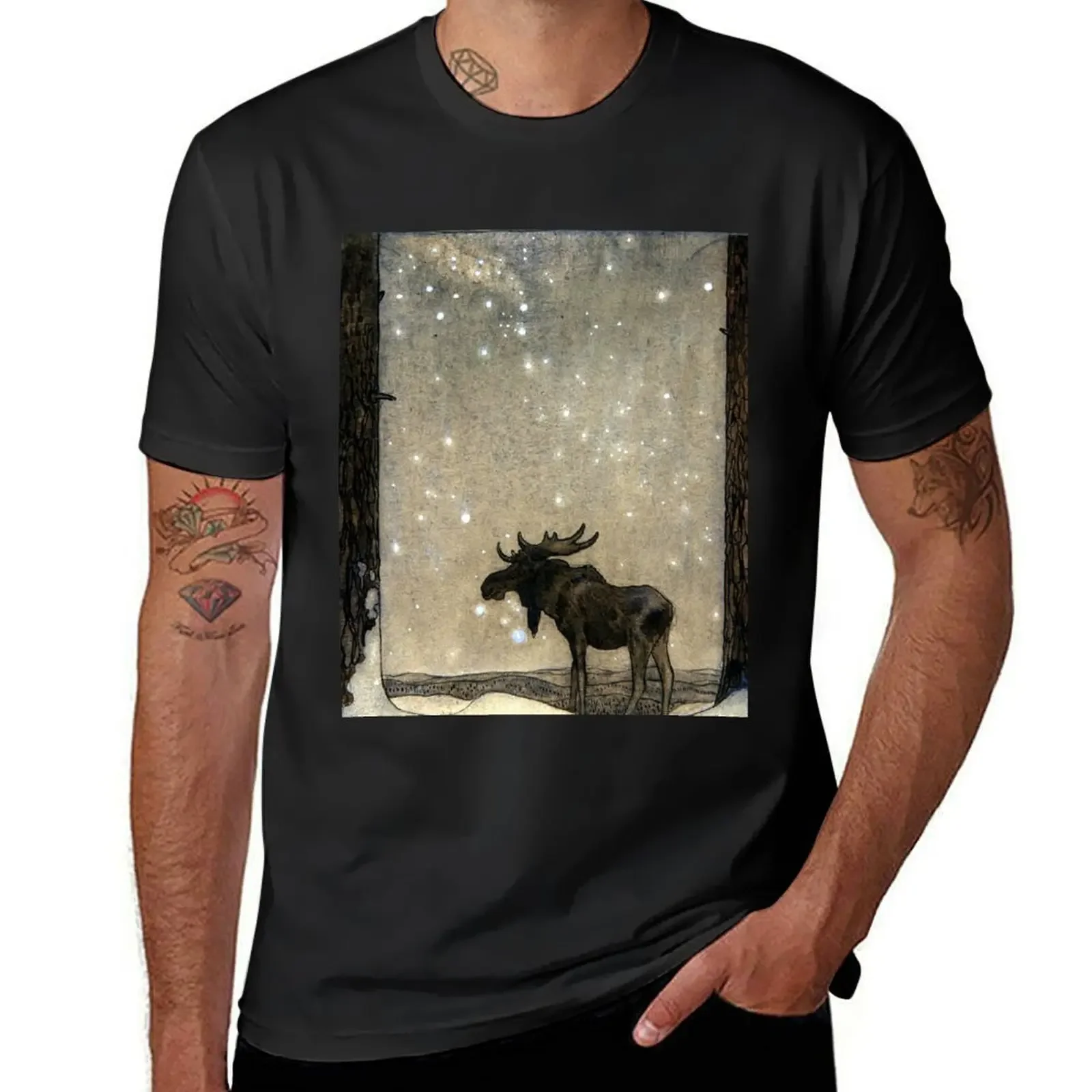 Leap the Elk in the Snow at Night - John Bauer T-Shirt vintage quick drying tees mens t shirts