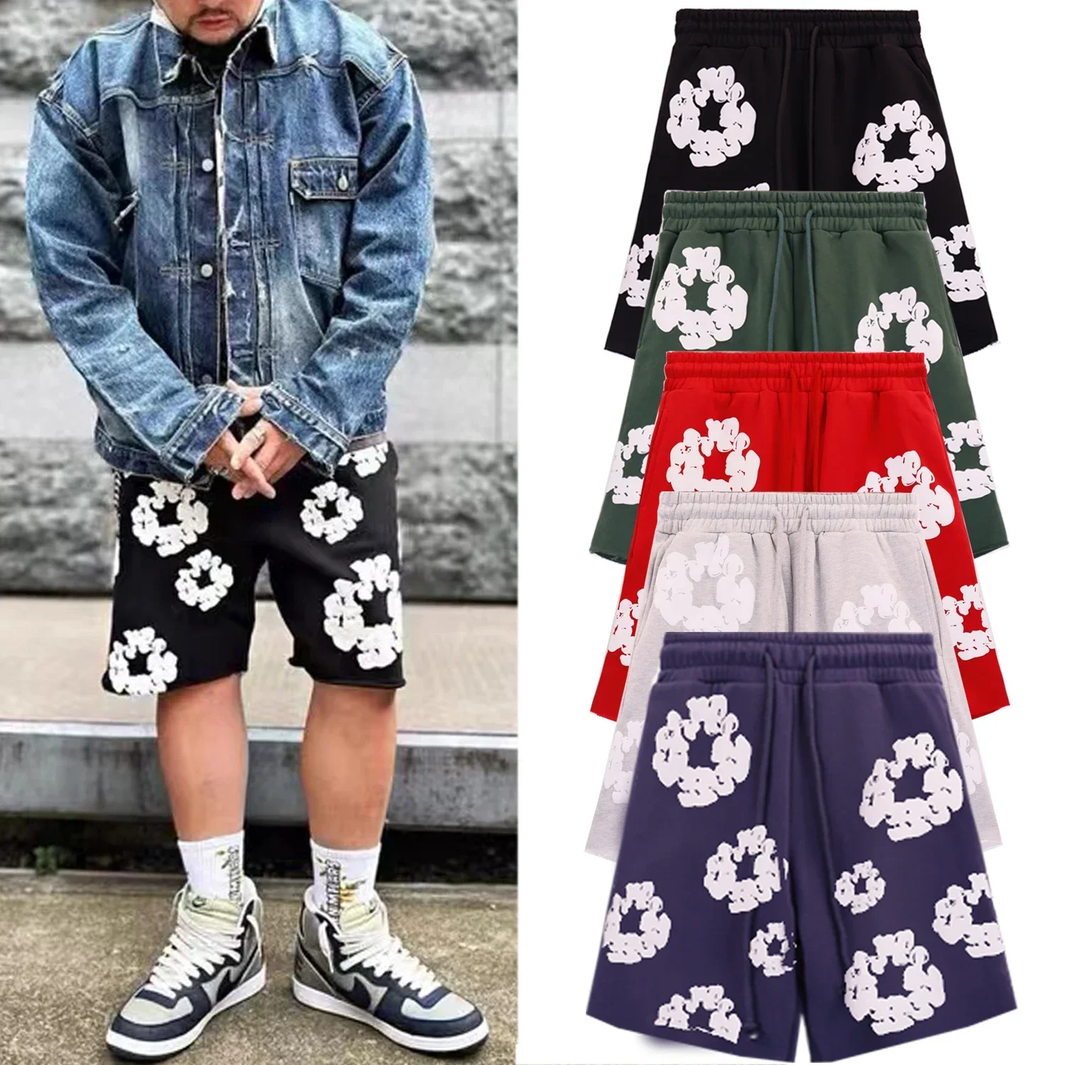 24ss Full printed kapok foam short sleeve y2k street men and women loose casual top shorts suit street wear