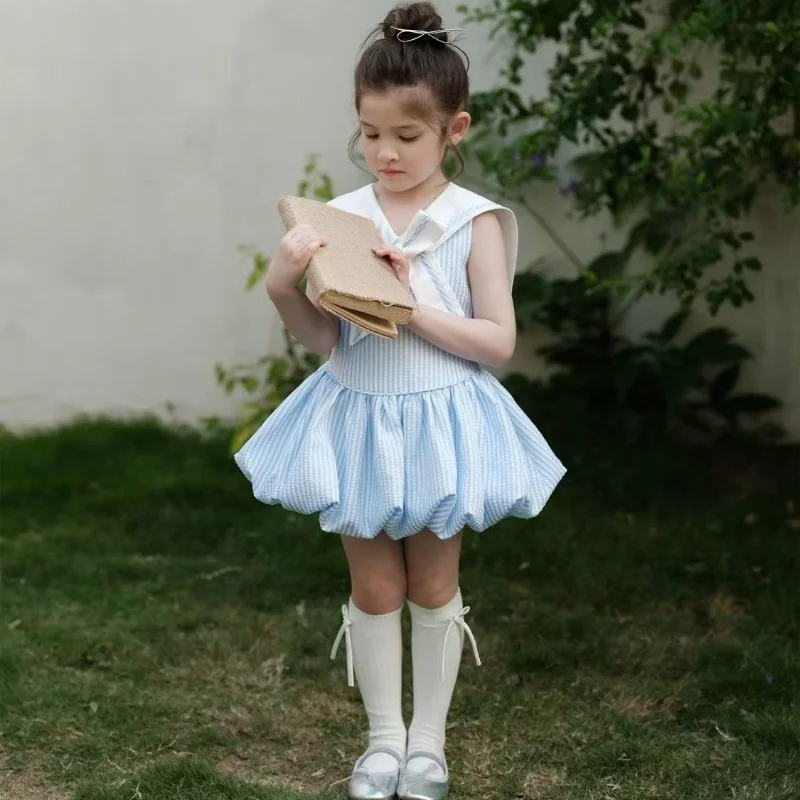 

Girl's 2025 New French Navy Collar Blue And White Striped Dress With A Stylish Design And Cute Baby Bud Skirt 90-150CM