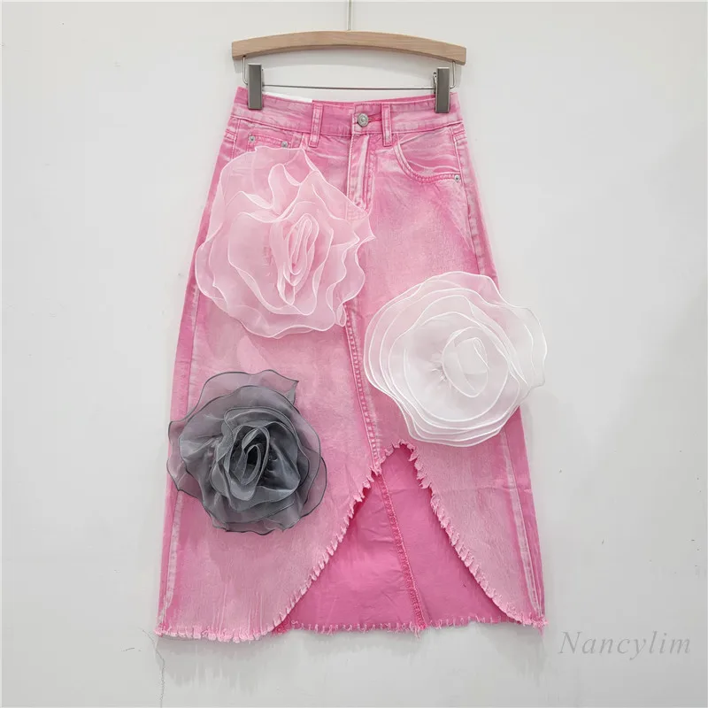 Three-Dimensional Flower Denim Irregular Raw Hem Skirt Women's Summer New Loose High Waist Slimming Mid-Length Skirt 2024