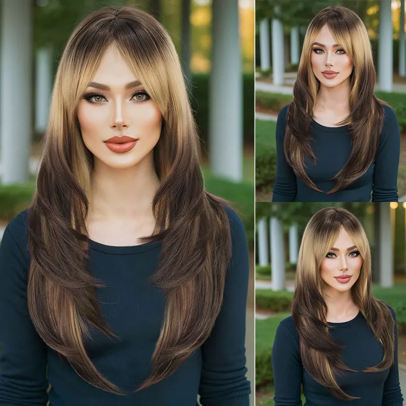 Cross border European and American wig with layered gradient brown long curly hair for women-Synthetic fiber wig