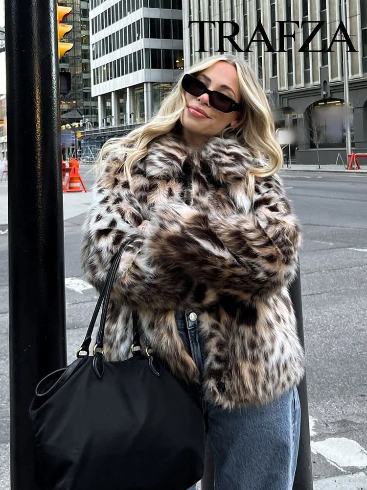 TRAFZA Women Winter Leopard Print Faux Fur Loose Slim Warm Coat Woman Elegant Lapel Long Sleeves Side Pockets Casual Coat Mujer