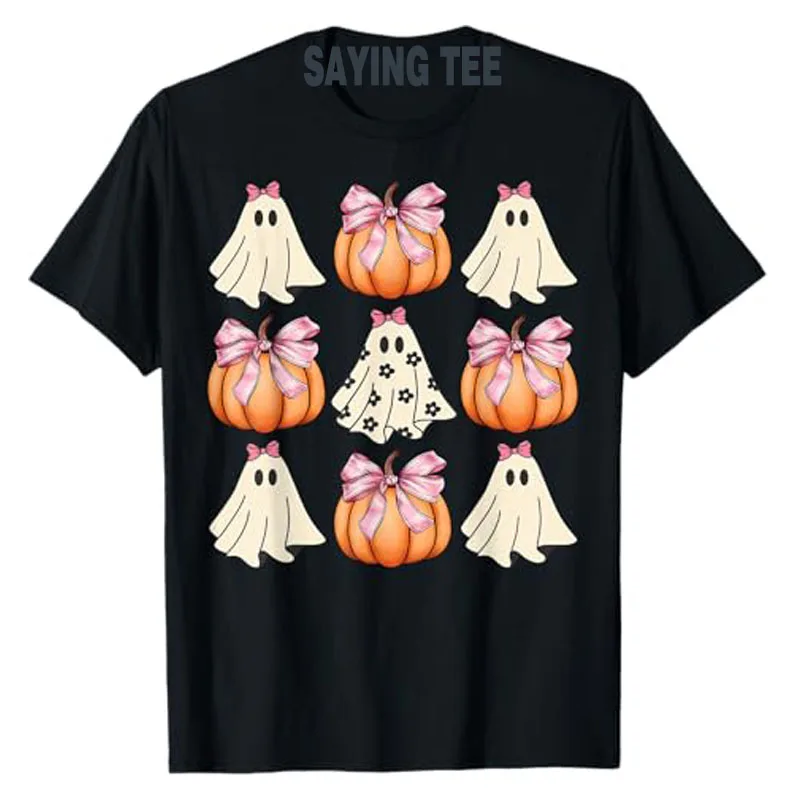 

Cute Ghost Florals Pink Coquette Bows Pumpkins Halloween T-Shirt Funny Ghost Pumpkins Pink Coquette Bows Spooky Graphic Tee Tops