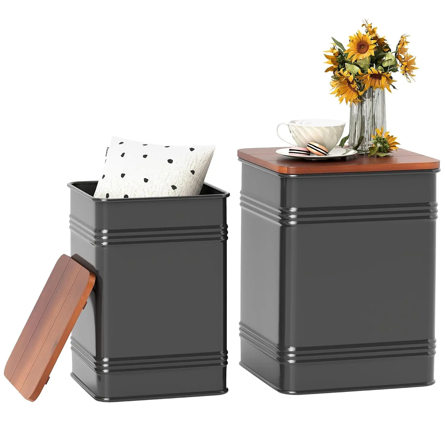 

Storage Ottoman Set 2 Nesting Stool Side Table Metal Frame Wood Lid Living Room Black, Customized