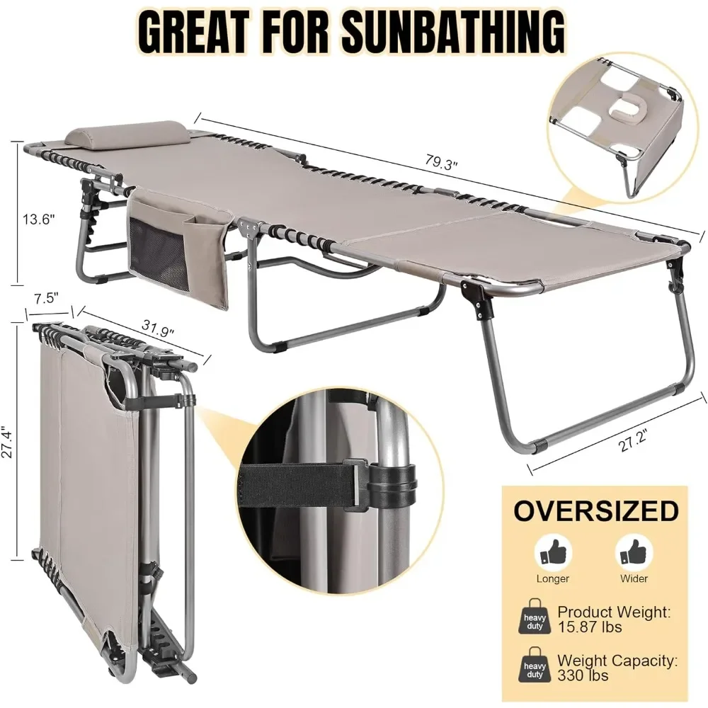 Extra large heavy-duty sunbathing chair with a face, adjustable 5-position folding lounge chair, outdoor portable layout