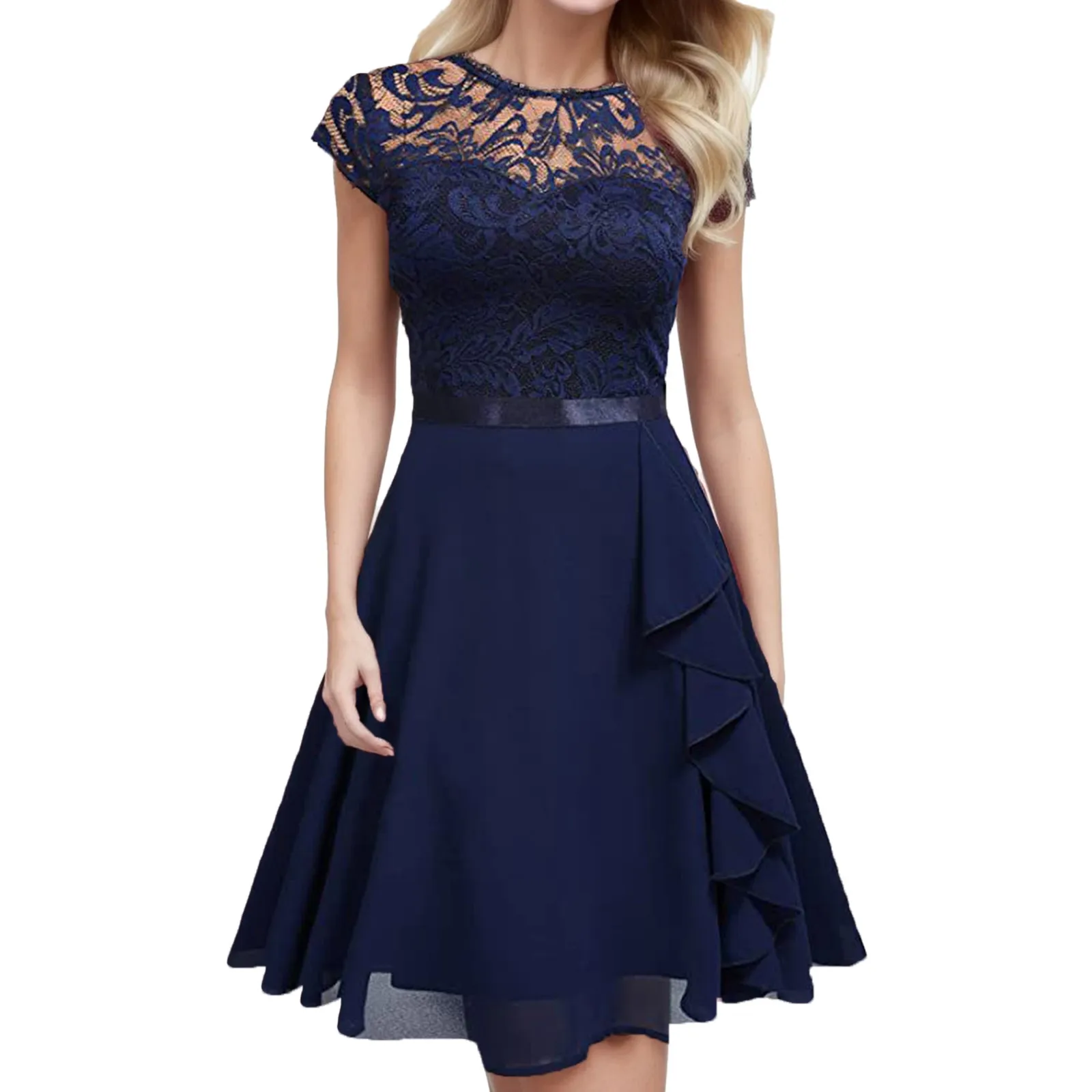 Ladies Casual Cocktail Dress With Waist Crew Neck Lace Short Sleeved Temperament Dresses Solid Formal Party Dresses Woman